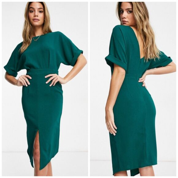 Asos Wiggle Midi Dress Womens 4 Forest Green Dolman Sleeve Front Slit V Cut Back - Picture 2 of 13